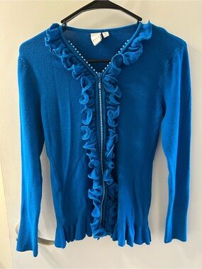 Blue Ruffle-Trim Zip Cardigan